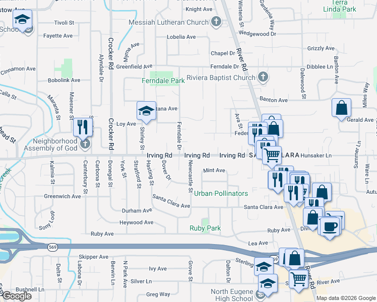 map of restaurants, bars, coffee shops, grocery stores, and more near 2681 Newcastle Street in Eugene