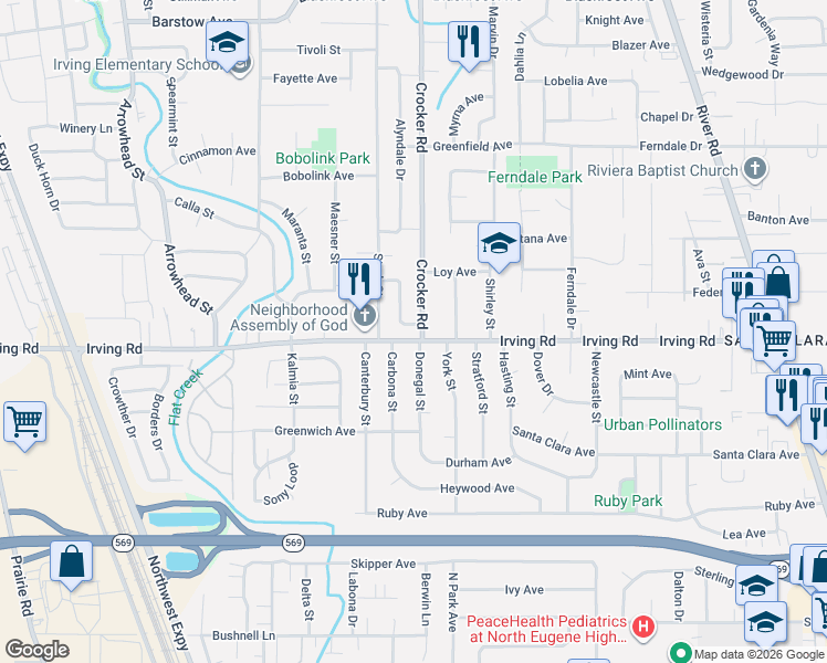 map of restaurants, bars, coffee shops, grocery stores, and more near 2684 Donegal Street in Eugene