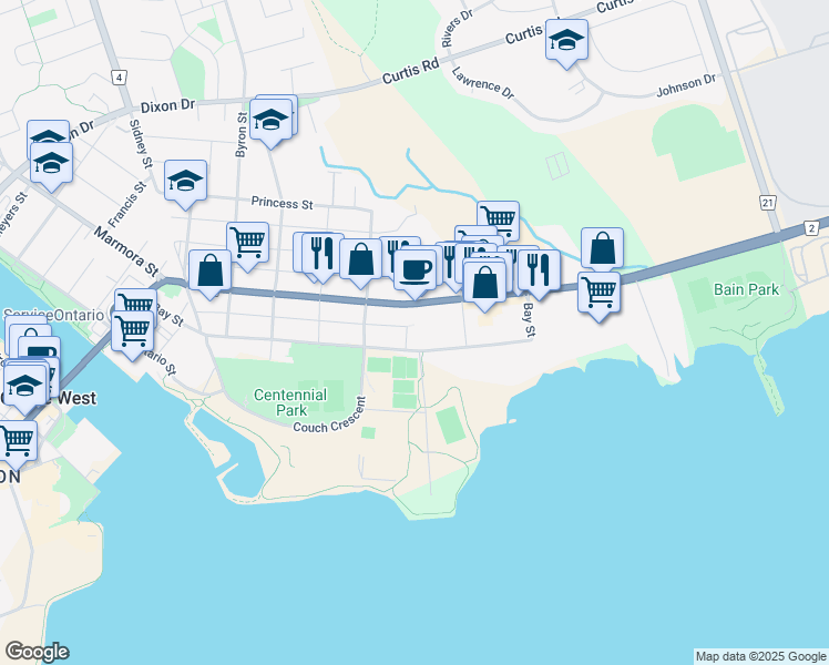 map of restaurants, bars, coffee shops, grocery stores, and more near 143 Bay Street in Quinte West