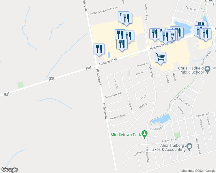 map of restaurants, bars, coffee shops, grocery stores, and more near 215 Armstrong Crescent in Bradford West Gwillimbury