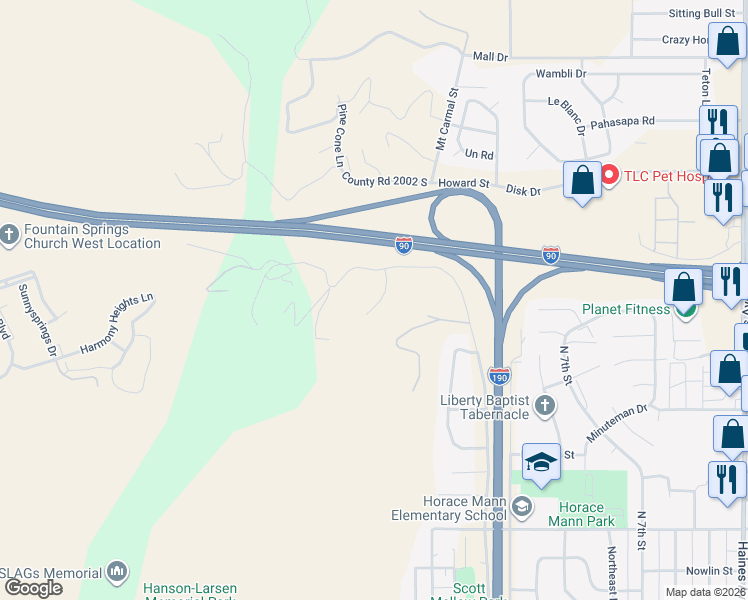 map of restaurants, bars, coffee shops, grocery stores, and more near 1925 Peace Path in Rapid City