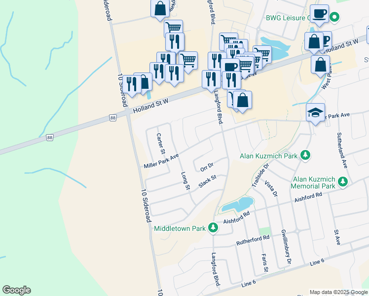 map of restaurants, bars, coffee shops, grocery stores, and more near in Bradford West Gwillimbury