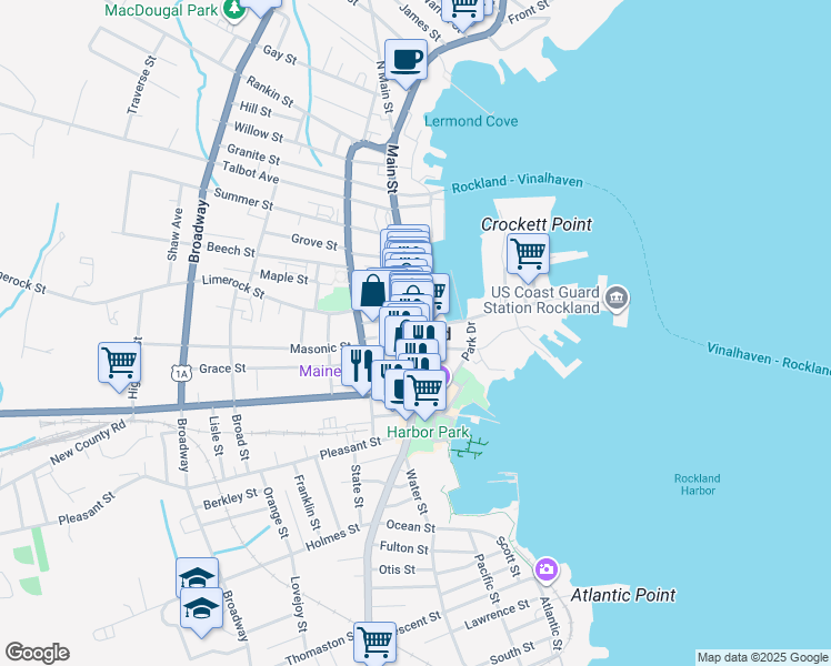 map of restaurants, bars, coffee shops, grocery stores, and more near in Rockland