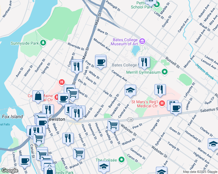 map of restaurants, bars, coffee shops, grocery stores, and more near 215 College Street in Lewiston