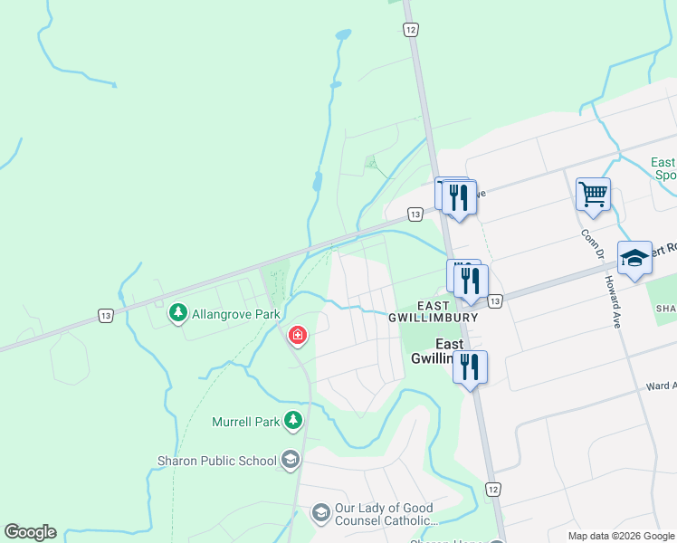 map of restaurants, bars, coffee shops, grocery stores, and more near 62 Beechborough Cres in East Gwillimbury