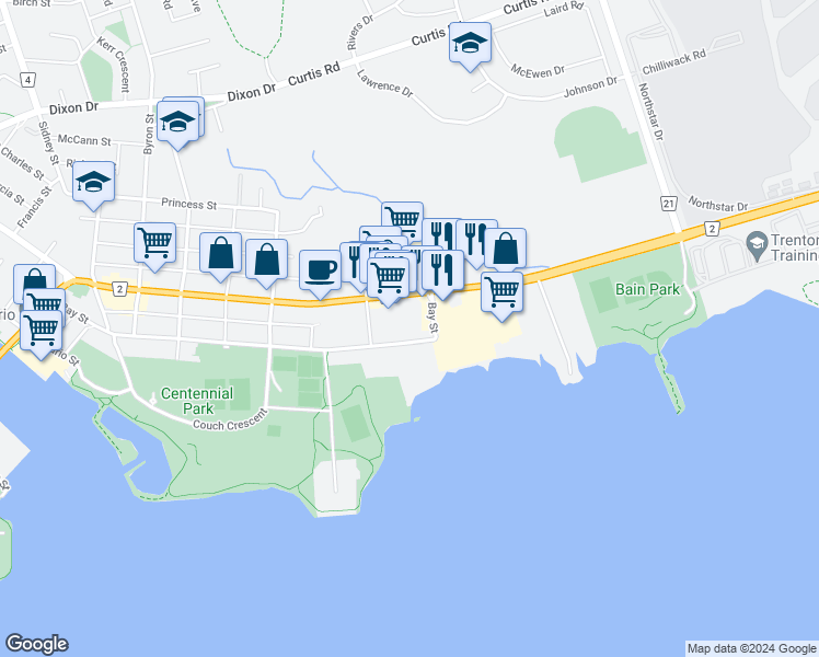 map of restaurants, bars, coffee shops, grocery stores, and more near 190 Bay Street in Quinte West