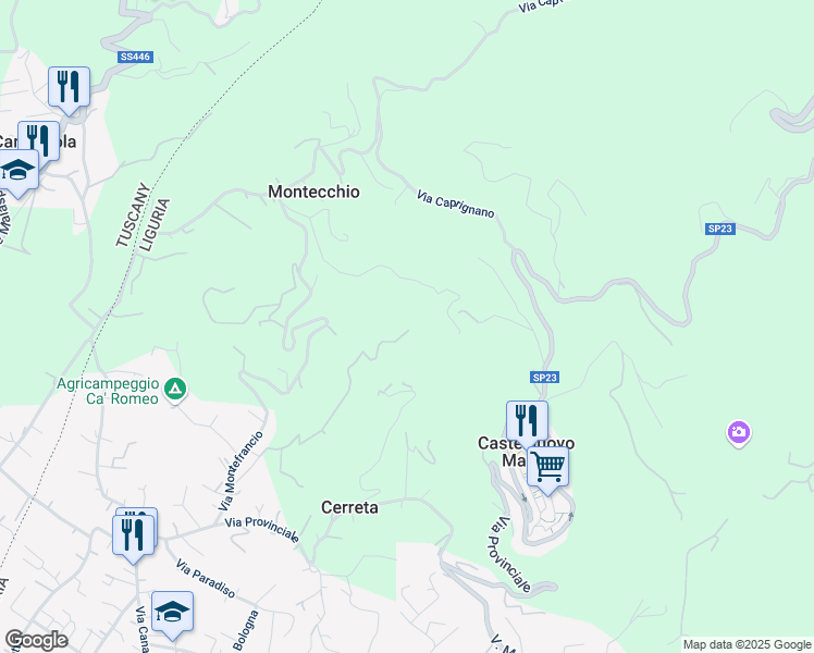 map of restaurants, bars, coffee shops, grocery stores, and more near 46 Via Montefrancio in Colombiera-Molicciara