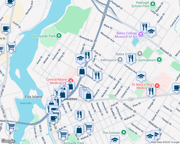 map of restaurants, bars, coffee shops, grocery stores, and more near 70 Elm Street in Lewiston