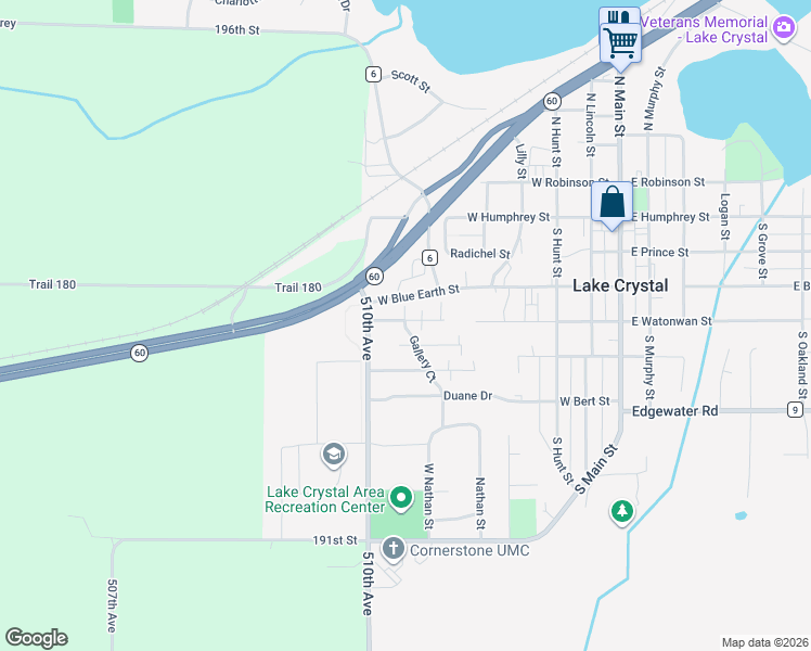 map of restaurants, bars, coffee shops, grocery stores, and more near 214 Lorraine Lane in Lake Crystal