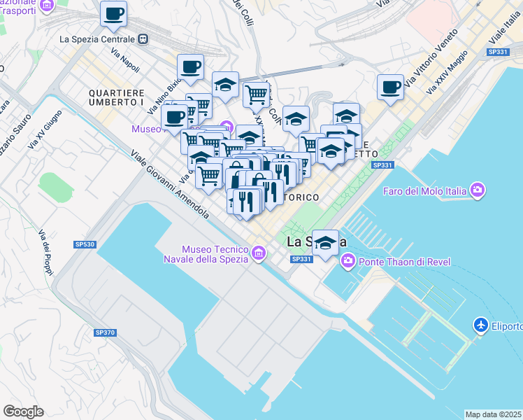 map of restaurants, bars, coffee shops, grocery stores, and more near 55 Corso Cavour in La Spezia