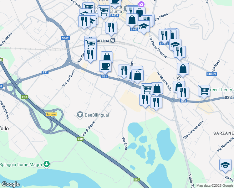 map of restaurants, bars, coffee shops, grocery stores, and more near 21 Via di Ponte in Sarzana