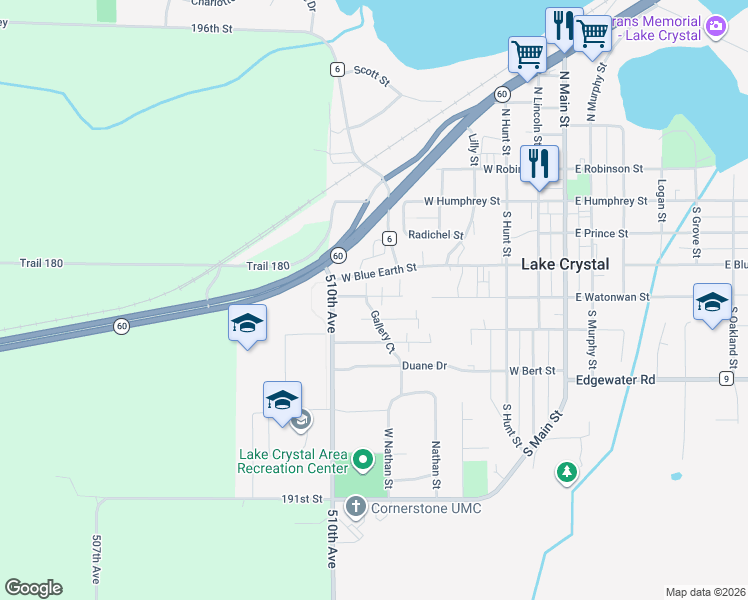 map of restaurants, bars, coffee shops, grocery stores, and more near 214 Lorraine Lane in Lake Crystal