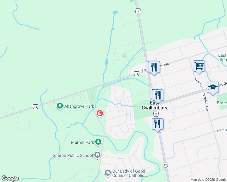 map of restaurants, bars, coffee shops, grocery stores, and more near 74 Beechborough Cres in East Gwillimbury
