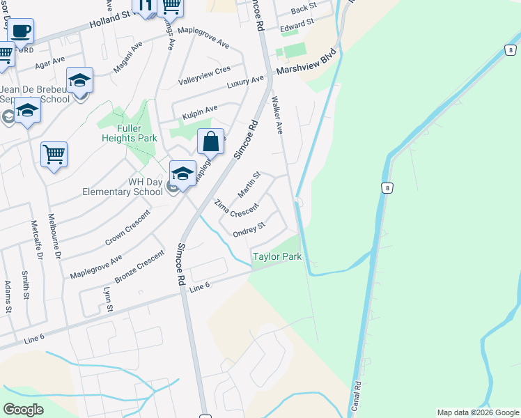 map of restaurants, bars, coffee shops, grocery stores, and more near in Bradford West Gwillimbury