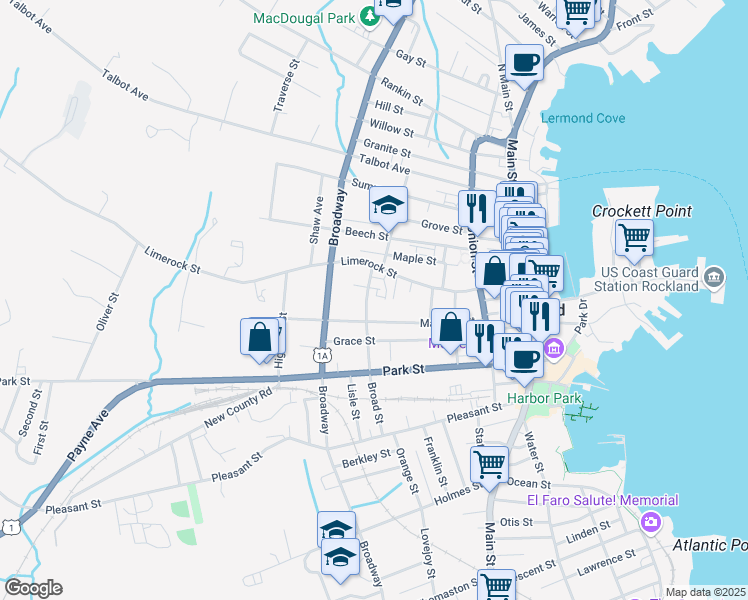 map of restaurants, bars, coffee shops, grocery stores, and more near 110 Limerock Street in Rockland