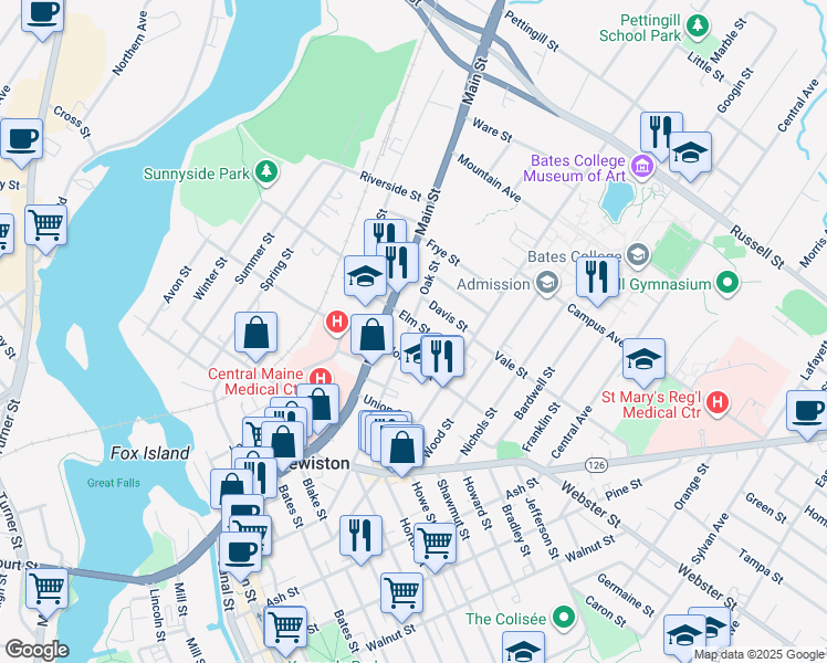 map of restaurants, bars, coffee shops, grocery stores, and more near 70 Elm Street in Lewiston