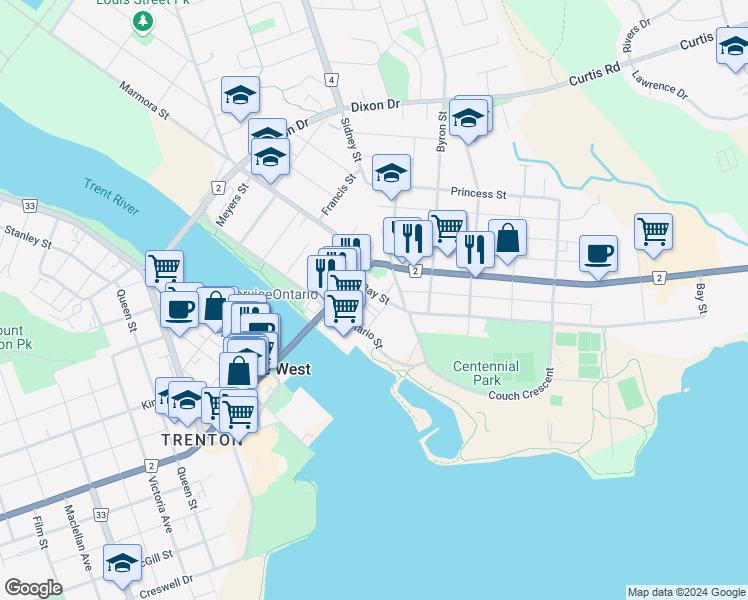 map of restaurants, bars, coffee shops, grocery stores, and more near in Quinte West