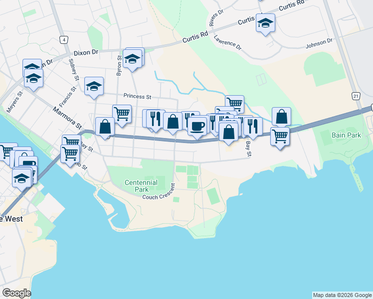 map of restaurants, bars, coffee shops, grocery stores, and more near 80 John Street in Quinte West