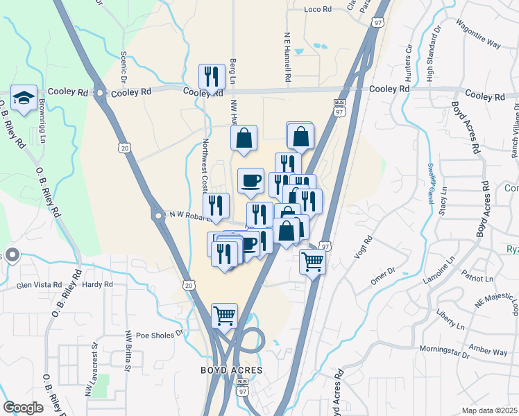 map of restaurants, bars, coffee shops, grocery stores, and more near 63435 North Highway 97 in Bend