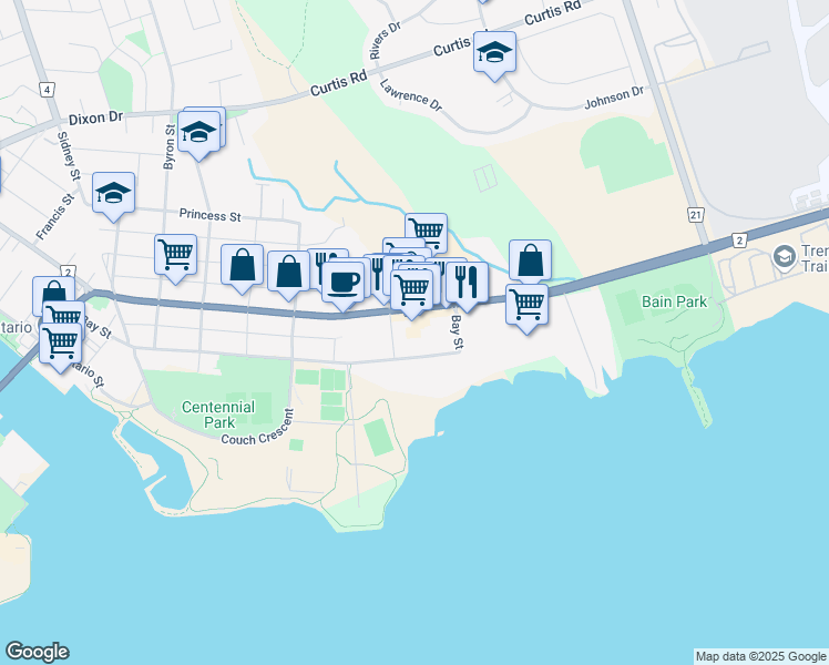 map of restaurants, bars, coffee shops, grocery stores, and more near 257 Dundas Street East in Quinte West