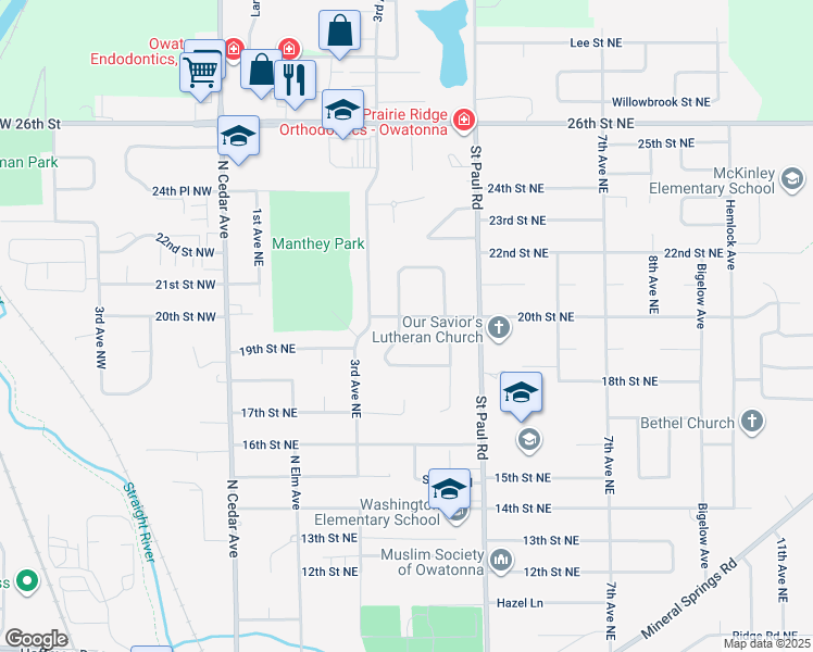 map of restaurants, bars, coffee shops, grocery stores, and more near 360 20th Street Northeast in Owatonna