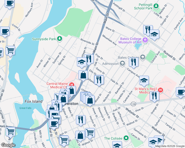 map of restaurants, bars, coffee shops, grocery stores, and more near 70 Elm Street in Lewiston