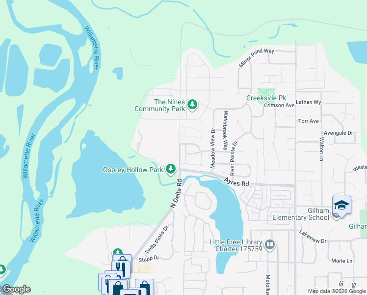 map of restaurants, bars, coffee shops, grocery stores, and more near 1528 Alsea Drive in Eugene