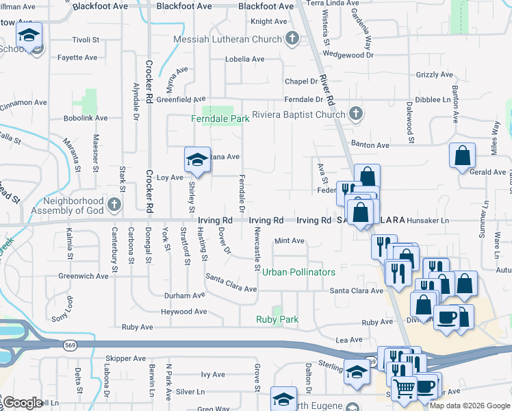 map of restaurants, bars, coffee shops, grocery stores, and more near 324 Federal Lane in Eugene