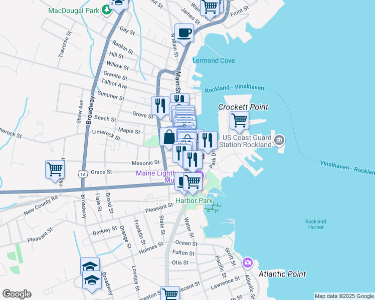 map of restaurants, bars, coffee shops, grocery stores, and more near 408 Main Street in Rockland