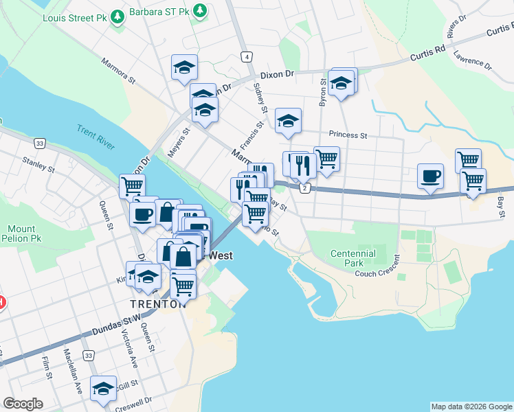 map of restaurants, bars, coffee shops, grocery stores, and more near in Quinte West