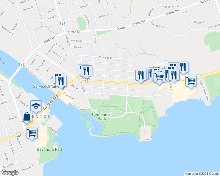map of restaurants, bars, coffee shops, grocery stores, and more near 38 John Street in Quinte West