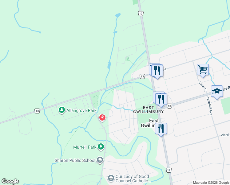 map of restaurants, bars, coffee shops, grocery stores, and more near 80 Beechborough Cres in East Gwillimbury