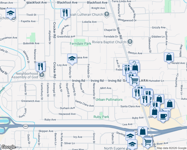 map of restaurants, bars, coffee shops, grocery stores, and more near 324 Federal Lane in Eugene