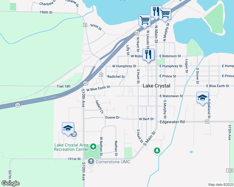 map of restaurants, bars, coffee shops, grocery stores, and more near 483 West Watonwan Street in Lake Crystal