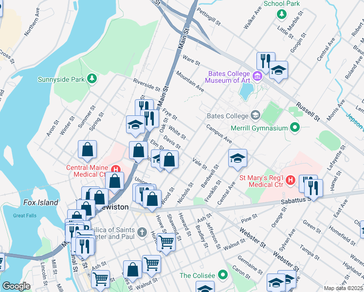 map of restaurants, bars, coffee shops, grocery stores, and more near 32 Davis Street in Lewiston