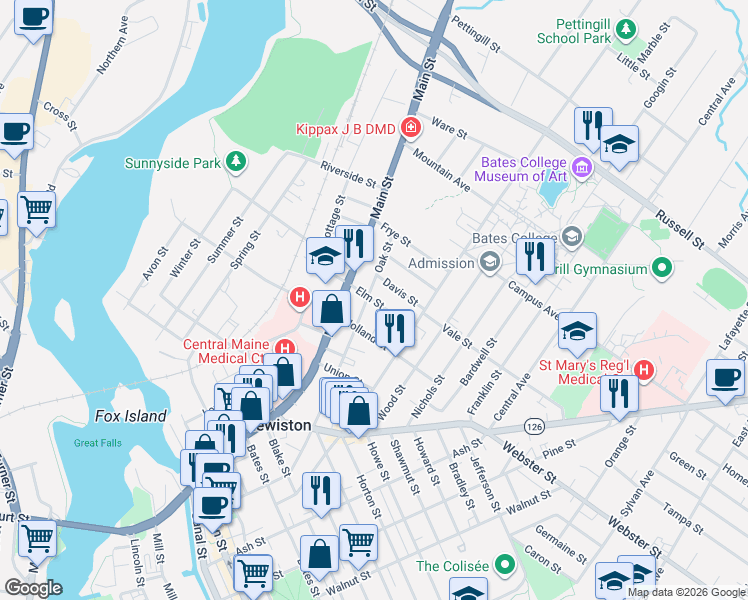 map of restaurants, bars, coffee shops, grocery stores, and more near 70 Elm Street in Lewiston