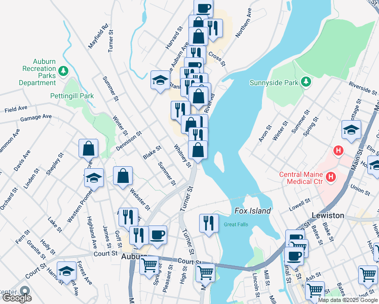 map of restaurants, bars, coffee shops, grocery stores, and more near 27 Vernon Street in Auburn