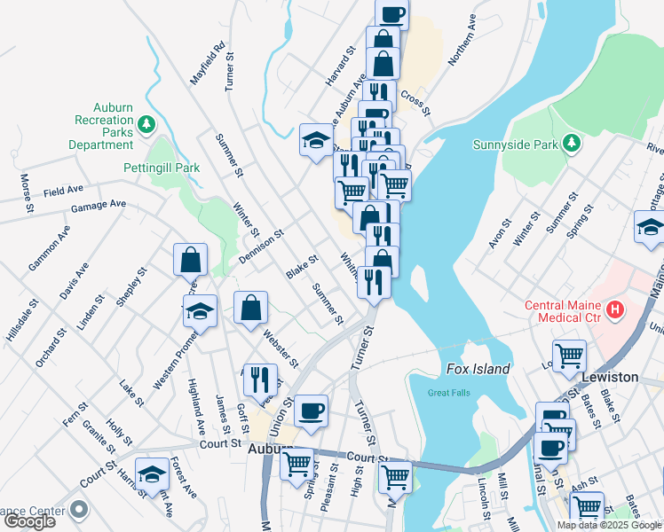 map of restaurants, bars, coffee shops, grocery stores, and more near 287 Turner Street in Auburn