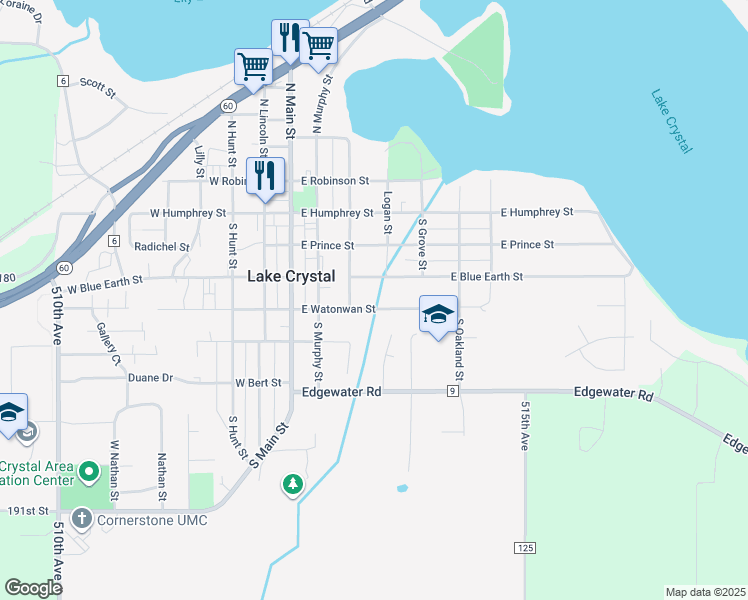 map of restaurants, bars, coffee shops, grocery stores, and more near 322 East Blue Earth Street in Lake Crystal