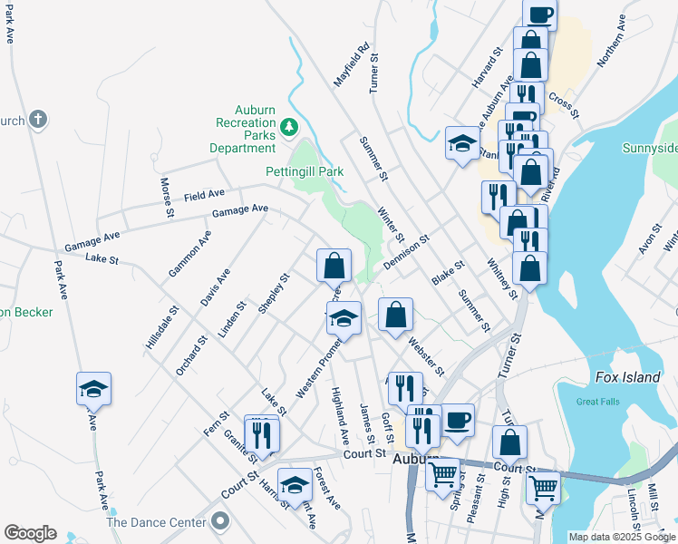 map of restaurants, bars, coffee shops, grocery stores, and more near 51 Gamage Avenue in Auburn