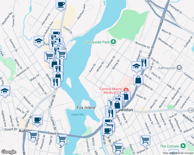 map of restaurants, bars, coffee shops, grocery stores, and more near 27 Winter Street in Lewiston