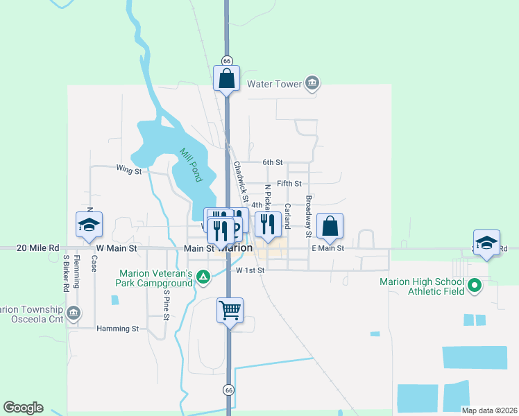 map of restaurants, bars, coffee shops, grocery stores, and more near 119-199 4th in Marion