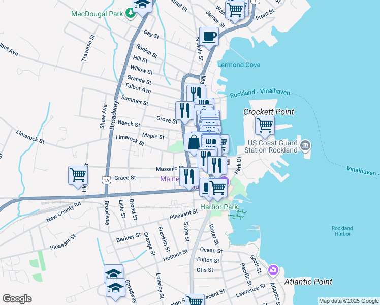 map of restaurants, bars, coffee shops, grocery stores, and more near 41 Limerock Street in Rockland