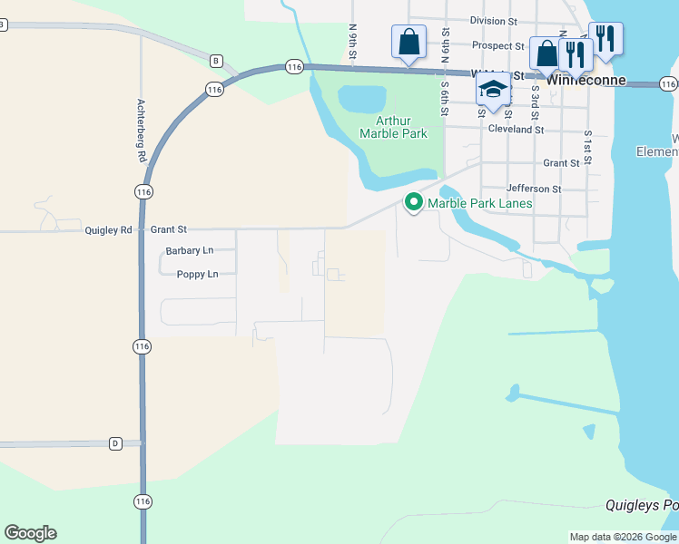 map of restaurants, bars, coffee shops, grocery stores, and more near 75 Tower Road in Winneconne