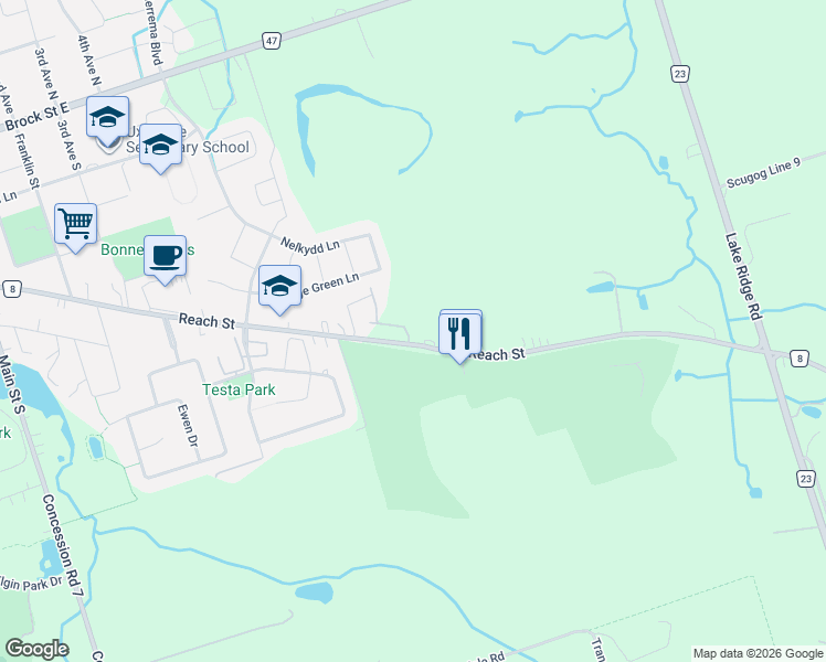 map of restaurants, bars, coffee shops, grocery stores, and more near 5 Vern Robertson Gate in Uxbridge