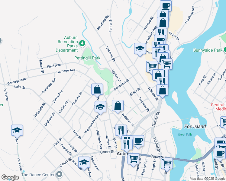map of restaurants, bars, coffee shops, grocery stores, and more near 61 Dennison Street in Auburn