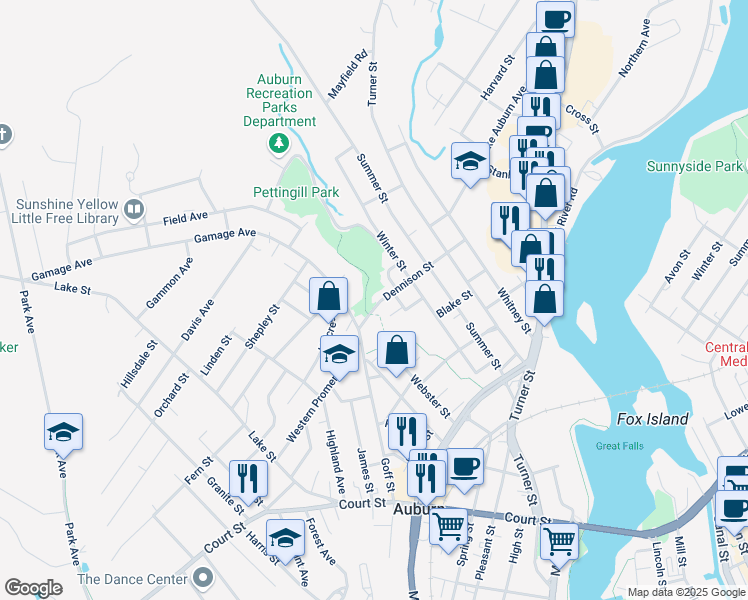 map of restaurants, bars, coffee shops, grocery stores, and more near 61 Dennison Street in Auburn