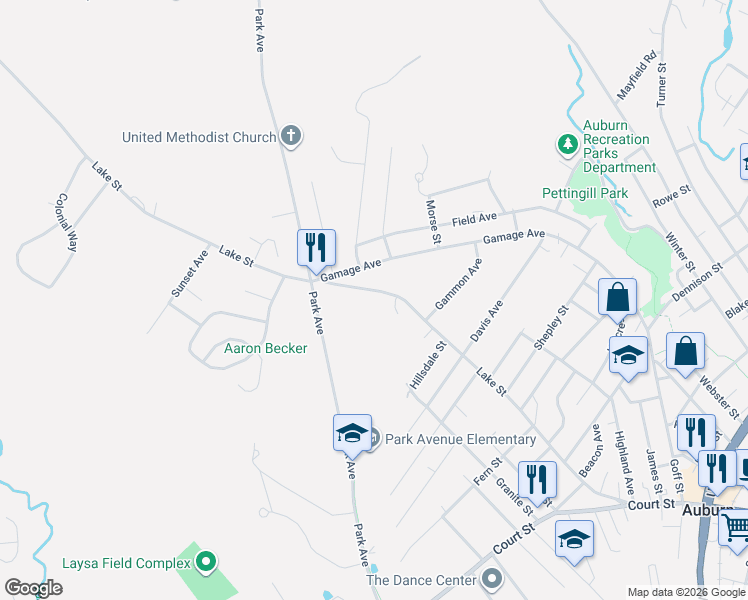 map of restaurants, bars, coffee shops, grocery stores, and more near 170 Lake Street in Auburn