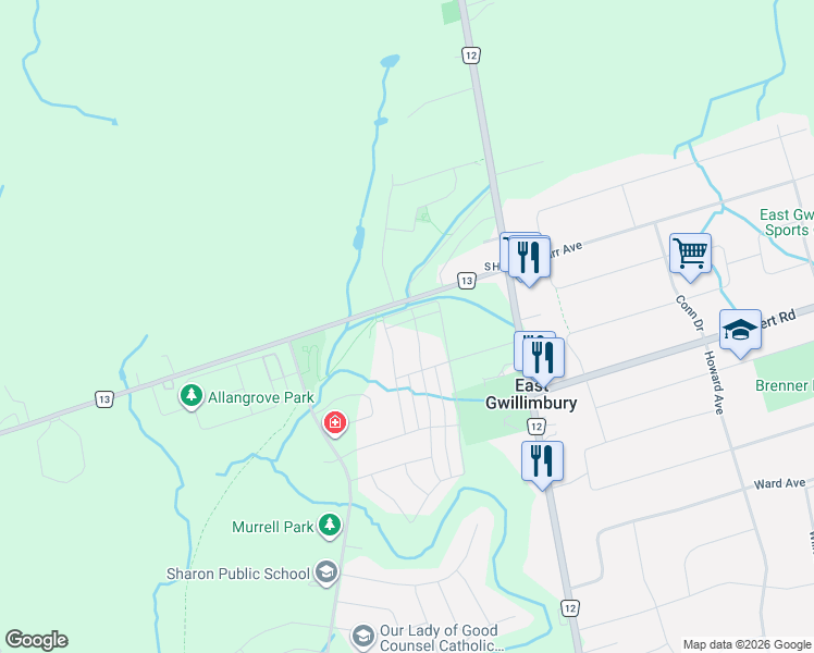 map of restaurants, bars, coffee shops, grocery stores, and more near 80 Walter Proctor Road in East Gwillimbury