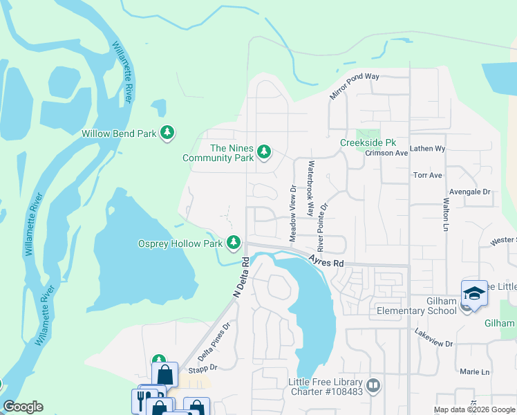 map of restaurants, bars, coffee shops, grocery stores, and more near 1525 Alsea Drive in Coburg